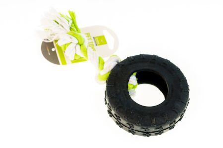 Igračka za psa - minijaturni gumeni kotač spojen užetom