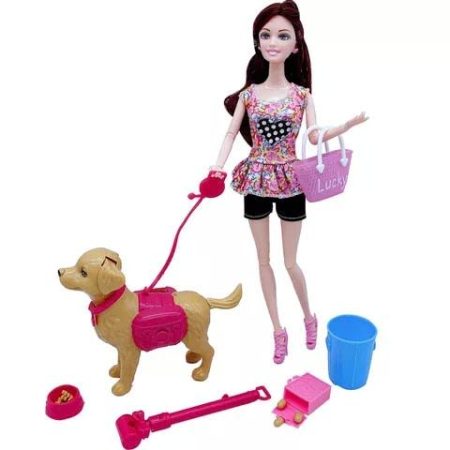 Poučan i edukativan set prekrasne lutke obučene u haljinu i njezinog neodoljivog psa kao kućnog ljubimca